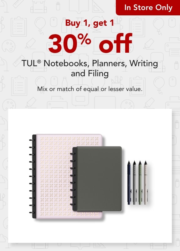 In store only- Buy 1 get 1 30% off Tul Notebooks, Planners, Writing & Filing