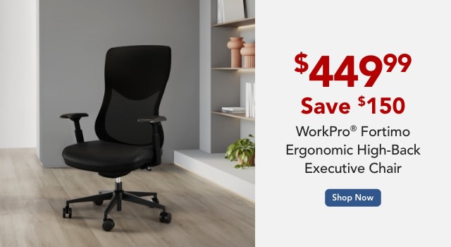 WorkPro® Fortimo Ergonomic Mesh/Vegan Leather High-Back Executive Chair, Black/Black