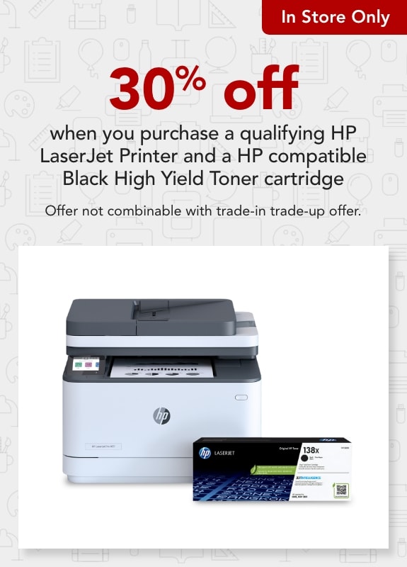 Get $30 Off when you purchase a qualifying HP LaserJet Printer and a HP compatible Black High Yield Toner cartridge. 