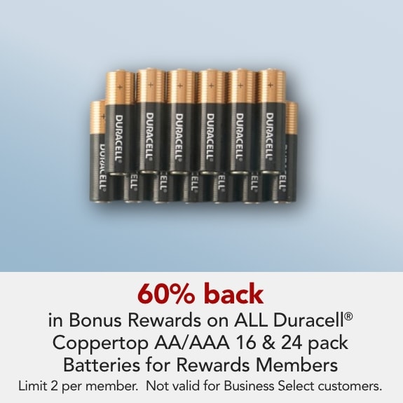 Rewards Members get 60% back in Bonus Rewards on select Duracell Coppertop AA/AAA 16 & 24 packs.