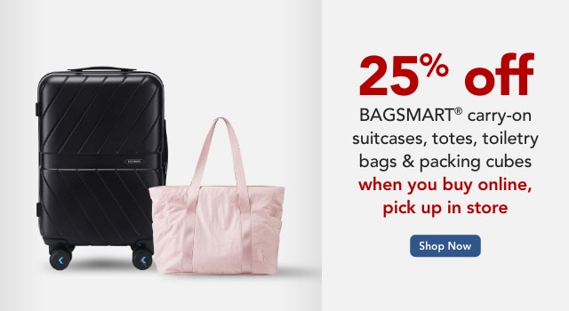 Save 25% on Bagsmart carry-on suitcase, totes, toiletry bags, and packing cubes when you BOPIS