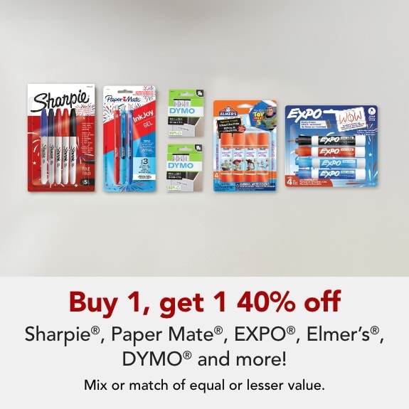 Buy 1 get 1 40% off Sharpie®, Paper Mate®, EXPO®, Elmer's®, DYMO & more. Apply coupon code at checkout: SUPPLIESBOGO Mix or match of equal or lesser value. Coupon expires 5/23/26.