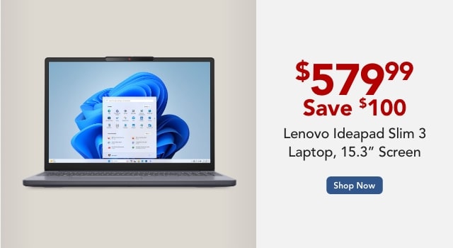 Lenovo Ideapad Slim 3 Laptop, 15.3" Screen, AMD Ryzen 5, 8GB Memory, 256GB Solid State Drive, Wi-Fi 6, Windows 11, Lunar Gray