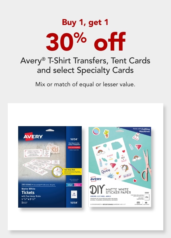 Buy 1, get 1 50% off  Avery® T-Shirt Transfers, Tent Cards & select Specialty Cards