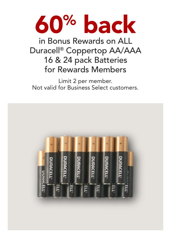 60% Back in Bonus Rewards on Duracell Coppertop AA/AAA 16-pk & 24-pk batteries.