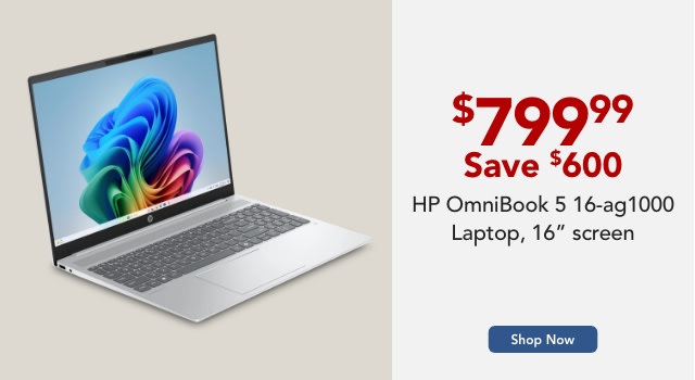 HP OmniBook 5 16-ag1000 Laptop, 16" Screen, AMD Ryzen AI 5, 16GB Memory, 512GB Solid State Drive, Windows 11