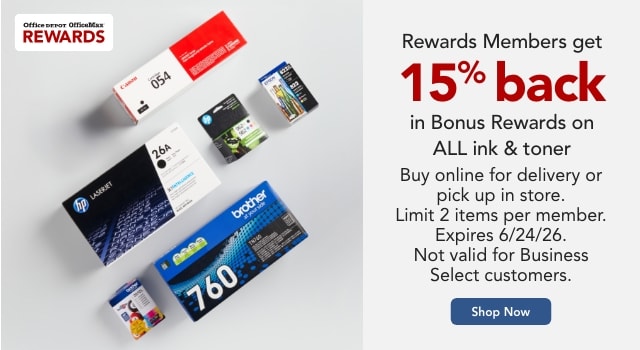 Rewards Members get 15% back in Bonus Rewards on ALL Ink & Toner. Online only for delivery or store pickup. Limit 2 per member. Not valid for Business Select customers.