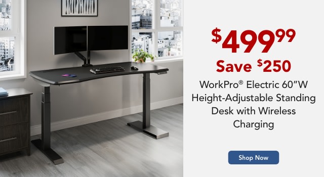 WorkPro® Electric 60"W Height-Adjustable Standing Desk with Wireless Charging, Black