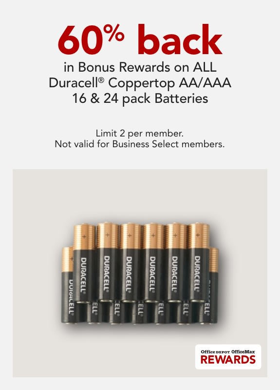 REWARDS MEMBERS ONLY  60% back in Bonus Rewards on  Duracell® Coppertop AA/AAA 16 and 24-Pack Batteries
