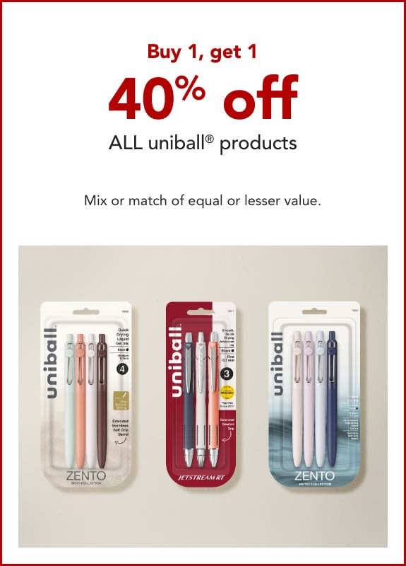 Buy 1, get 1 40% off  ALL uniball® Products.