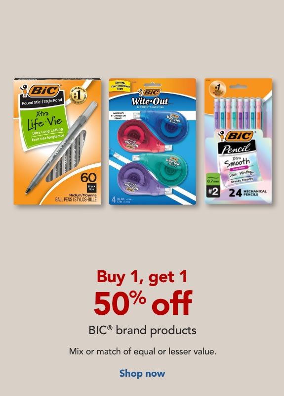  Buy 1, get 1 50% off ALL BIC® Products.