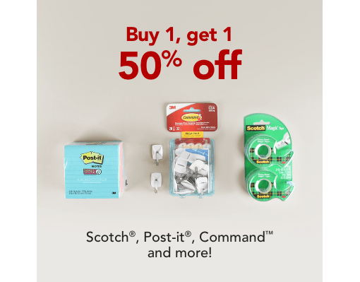 Buy 1 get 1 50% off Scotch, Post-it, Command and more! Mix or match of equal or lesser value
