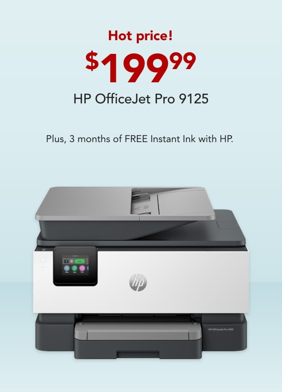 HOT PRICE! HP OfficeJet Pro 9125, Plus 3 months of free Instant Ink with HP $199.99, Save $110