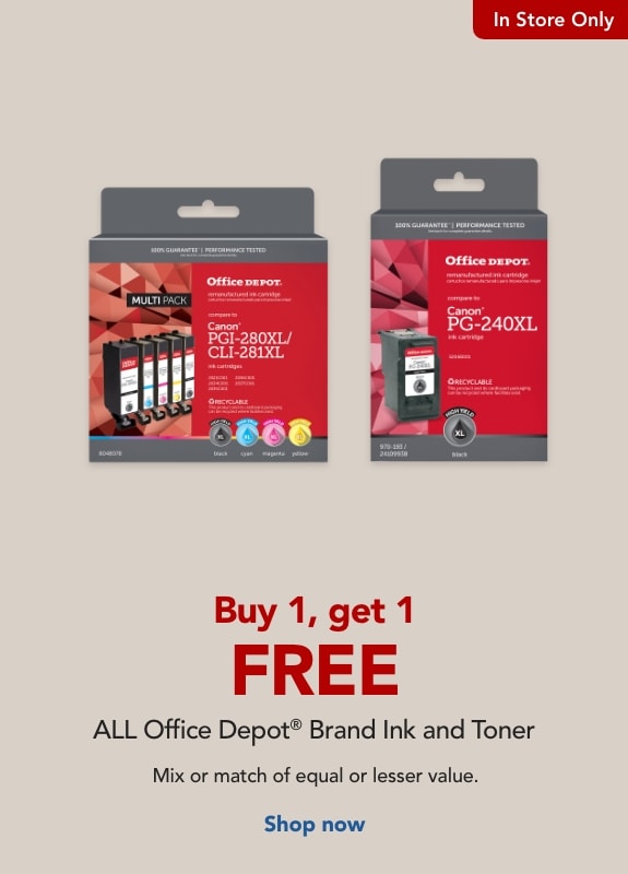  In store only- Buy 1, get 1 Free ALL Office Depot® Brand Ink and Toner