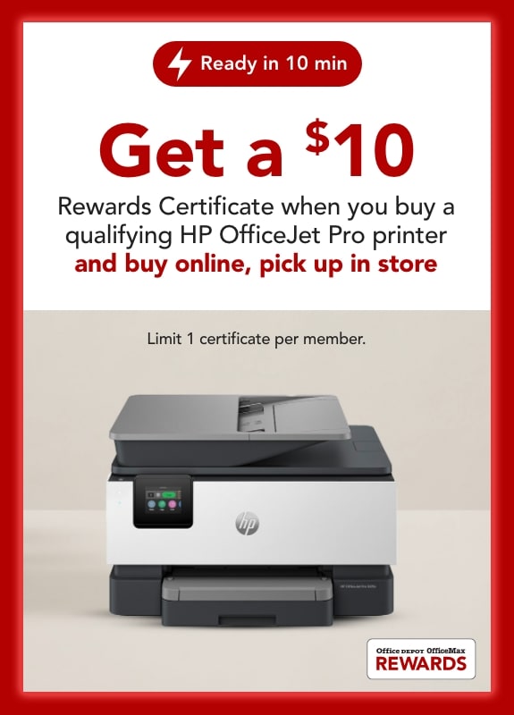 Get a $10 rewards certificate when you buy a qualifying HP Officejet Pro printer online for in store pick up only.