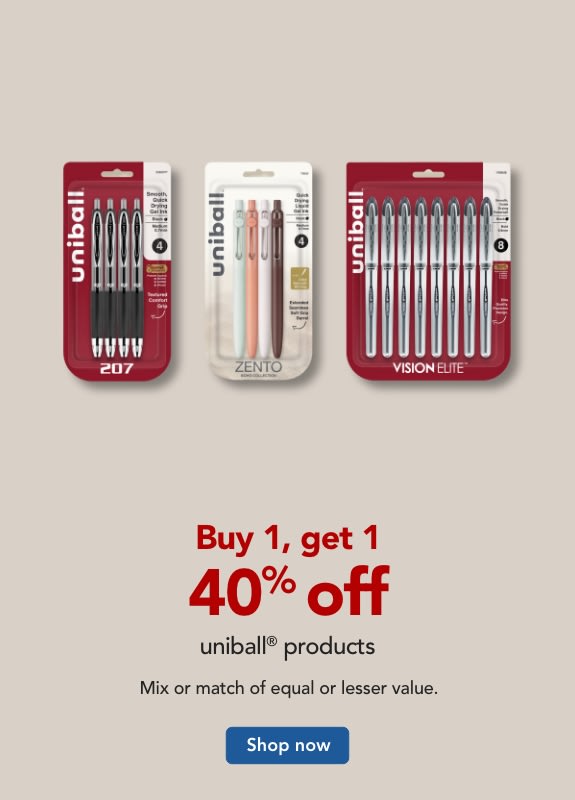 Buy 1, get 1 40% off  ALL uniball® Products.