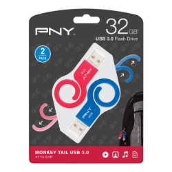 PNY Monkey Tail Turbo USB 3.0 Flash Drives 32GB BlueRed Pack Of 2