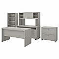 Bush Business Furniture Echo 60"W Bow-Front Computer Desk, Credenza With Hutch, Bookcase And File Cabinets, Gray Sand, Standard Delivery