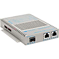 Omnitron OmniConverter 10/100/1000 PoE+ Gigabit Ethernet Fiber Media Converter Switch RJ45 SFP Wide Temp - 2 x 10/100/1000BASE-T; 1 x 100/1000BASE-X (SFP); US AC Powered; Lifetime Warranty