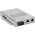 Omnitron OmniConverter 10/100/1000 PoE+ Gigabit Ethernet Fiber Media Converter Switch RJ45 SC Multimode 550m Wide Temp - 2 x 10/100/1000BASE-T; 1 x 1000BASE-SX; US AC Powered; Lifetime Warranty