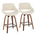 LumiSource Fabrico Counter Stools, Cream Seat/Walnut Frame/Black Square Footrest, Set Of 2 Stools