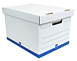 Office Depot® Brand Quick Set Up Medium-Duty Storage Boxes With Lift-Off Lids And Built-In Handles, Letter/Legal Size, 15" x 12" x 10", 60% Recycled, White/Blue, Pack Of 12