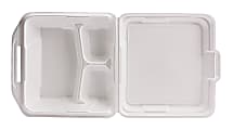 Genpak 3-Compartment Hinged-Lid Foam Carryout Containers, 9 1/4" x 3", White, 100 Containers Per Bag, Carton Of 2 Bags