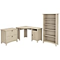 Bush Furniture Salinas 55"W Corner Desk With Lateral File Cabinet And 5 Shelf Bookcase, Antique White, Standard Delivery