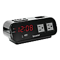 Sharp Digital Alarm Clock With USB Port And Outlets, 2 15/16"H x 7 1/2"W x 3"D, Black