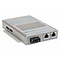 Omnitron OmniConverter 10/100/1000 PoE Gigabit Ethernet Fiber Media Converter Switch RJ45 SC Multimode 550m Wide Temp - 2 x 10/100/1000BASE-T; 1 x 1000BASE-SX; US AC Powered; Lifetime Warranty