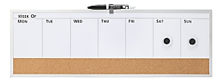 Realspace™ Magnetic Dry-Erase Whiteboard/Cork Weekly Calendar Board, 7 1/2" x 23", Silver Plastic Frame