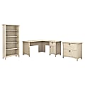 Bush Furniture Salinas 60"W L Shaped Desk With Lateral File Cabinet And 5 Shelf Bookcase, Antique White, Standard Delivery