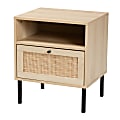 Baxton Studio Caterina Mid-Century Modern Transitional Rattan 1-Door End Table, 22”H x 18-15/16”W x 15-3/4”D, Natural Brown/Natural