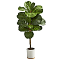 Nearly Natural Fiddle Leaf 42”H Artificial Tree With Ceramic Planter, 42”H x 14”W x 14”D, Green/White