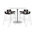 KFI Studios Proof Round High Bistro Table With 4 Low Back Stools, White/Silver Table, Espresso/White Chairs