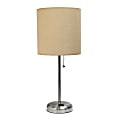 Creekwood Home Oslo Power Outlet Metal Table Lamp, 19-1/2"H, Tan Shade/Brushed Steel Base