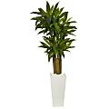 Nearly Natural Cornstalk Dracaena 60" Artificial Plant With Tower Planter, Green/White