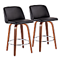 LumiSource Toriano Counter Stools, Black/Walnut/Round Chrome Footrest, Set Of 2 Stools