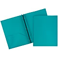 JAM Paper® Plastic 2-Pocket POP Folders with Metal Prongs Fastener Clasps, 9 1/2" x 11 1/2", Teal, Pack Of 6