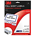 3M™ White Inkjet Permanent Full-Sheet Labels, 3200-L, 8 1/2" x 11", Pack Of 25