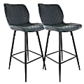 Elama Diamond-Stitched Faux Leather Bar Chairs, Black/Silver, Set Of 2 Chairs