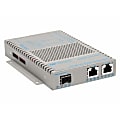 Omnitron OmniConverter 10/100 PoE+ Ethernet Fiber Media Converter Switch RJ45 SFP Wide Temp - 2 x 10/100BASE-T; 1 x 100BASE-X (SFP); US AC Powered; Lifetime Warranty 1 thumbnail image