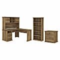 Bush Business Furniture Yorktown 60"W L-Shaped Corner Desk With Hutch, Lateral File Cabinet And 5-Shelf Bookcase, Reclaimed Pine, Standard Delivery