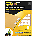 Post-it® Super Sticky Removable Inkjet/Laser Multi-Use Labels, 1" Diameter, White, Pack Of 945 1 thumbnail image
