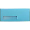 JAM Paper® #10 Single-Window Booklet Envelopes, Bottom Left Window, Gummed Seal, 30% Recycled, Brite Hue Blue, Pack Of 25