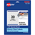 Avery® Glossy Permanent Labels With Sure Feed®, 94505-CGF50, Round, 1-1/4" Diameter, Clear, Pack Of 1,500