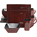 Gibson Kiesling Red/Black 16 pc DW Set - Dinner Plate, Dessert Plate, Soup Bowl, Mug - Stoneware - Dishwasher Safe - Microwave Safe - Red, Black - Glazed