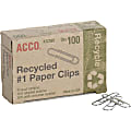 ACCO® Paper Clips, 1000 Total, Silver, 50% Recycled, 100 Per Box, Pack Of 10 Boxes