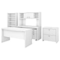 Bush Business Furniture Echo Bow-Front 60"W Computer Desk Credenza With Hutch, Bookcase And File Cabinets, Pure White/Pure White, Standard Delivery