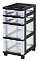 Iris® Plastic 4-Drawer Rolling Storage Cart, 26 7/16"H x 12 1/8"W x 14 15/16"D, Clear/Black